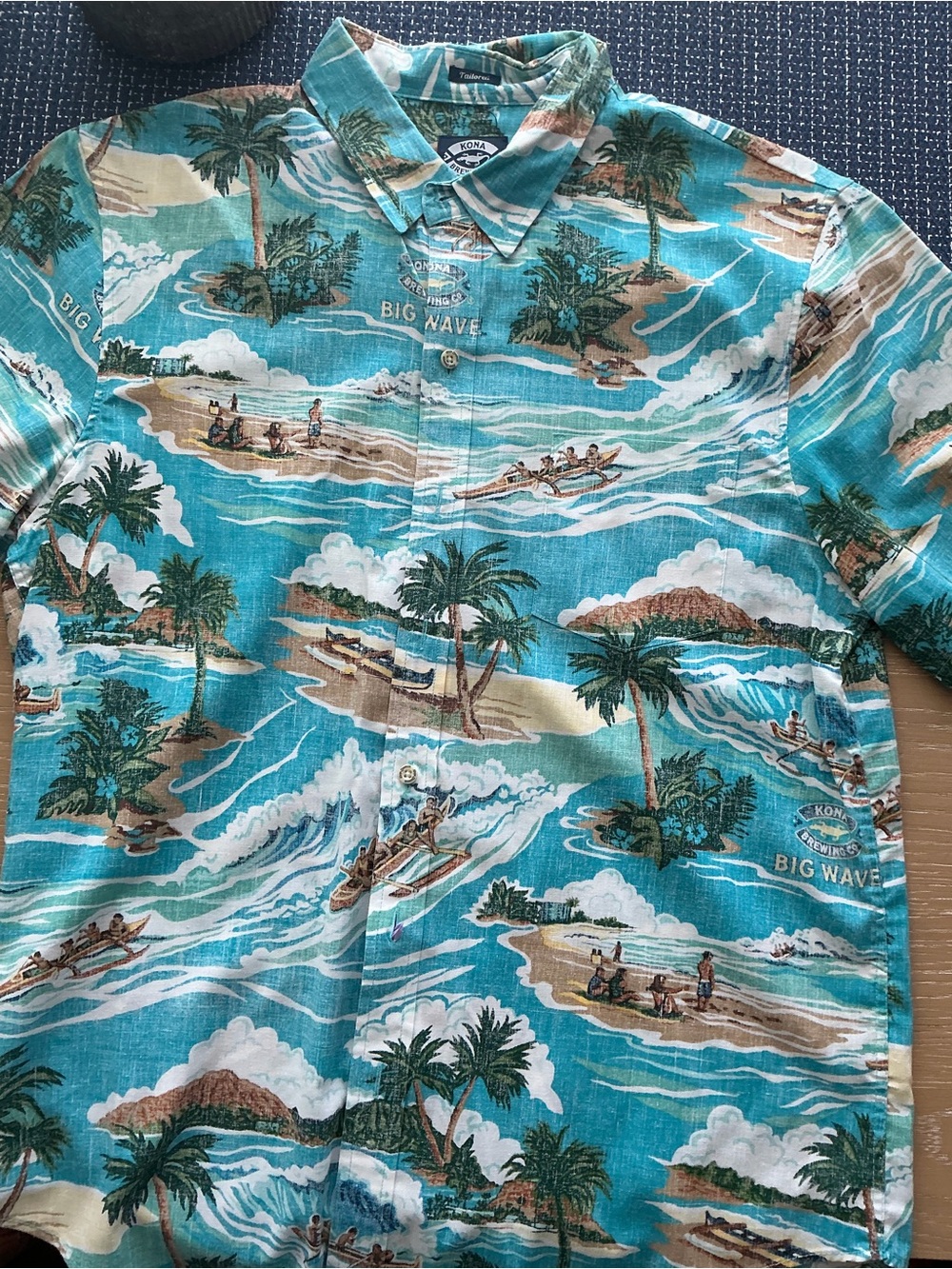 Reyn Spooner Kona Brewing Co Big Wave Aloha Shirt Aqua Blue Tailored Medium